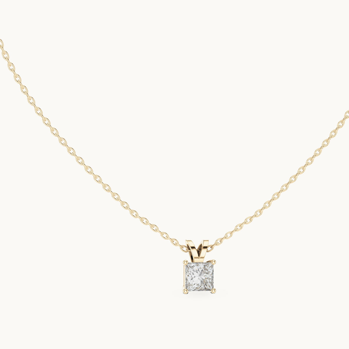 Princess-cut lab-grown diamond v-bail solitaire pendant in yellow gold, 1.04 CT TW, view 1