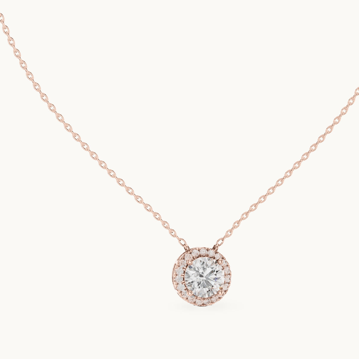 Round lab-grown diamond side-loop halo pendant in rose gold, 2.385 CT TW, view 1