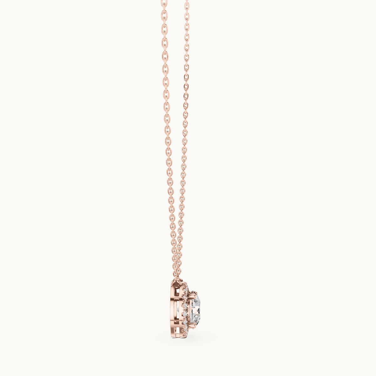 Round lab-grown diamond side-loop halo pendant in rose gold, 2.385 CT TW, view 3