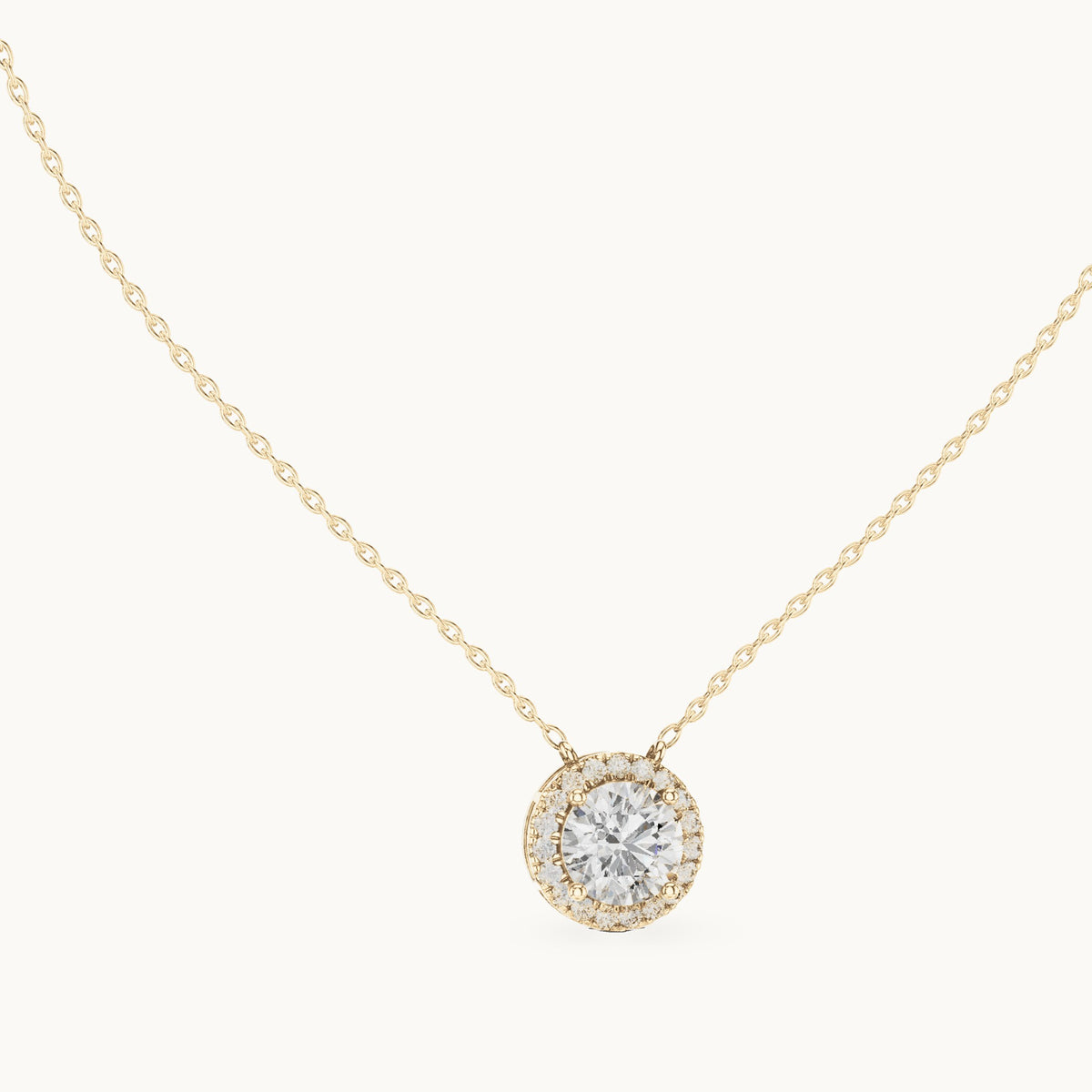 Round lab-grown diamond side-loop halo pendant in yellow gold, 2.385 CT TW, view 1