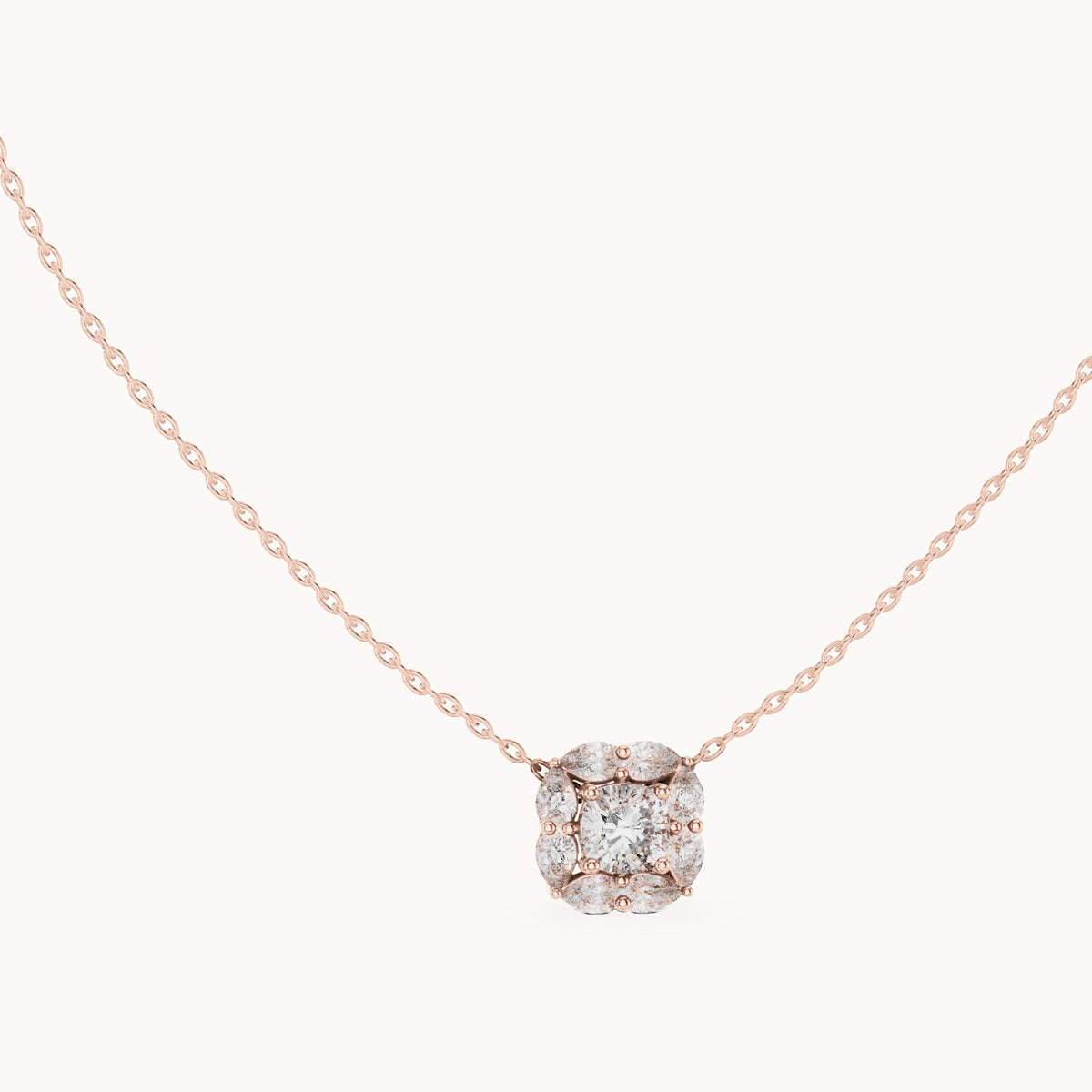 Cushion-cut and pear lab-grown diamond petal cluster halo pendant in rose gold, 1.596 CT TW, view 1