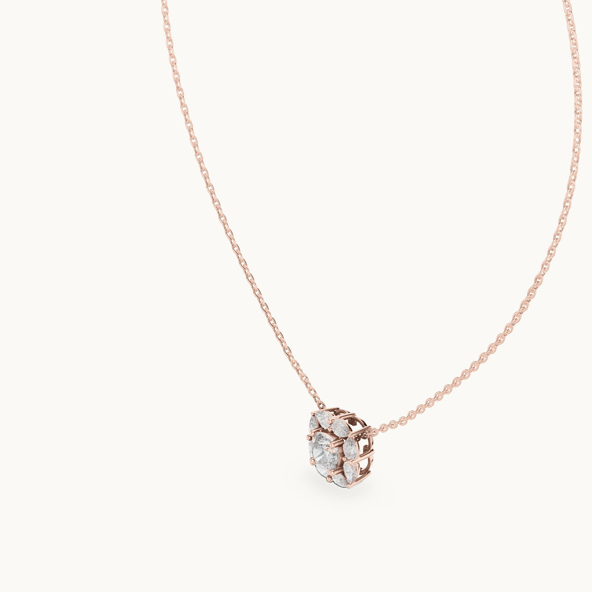 Cushion-cut and pear lab-grown diamond petal cluster halo pendant in rose gold, 1.596 CT TW, view 2