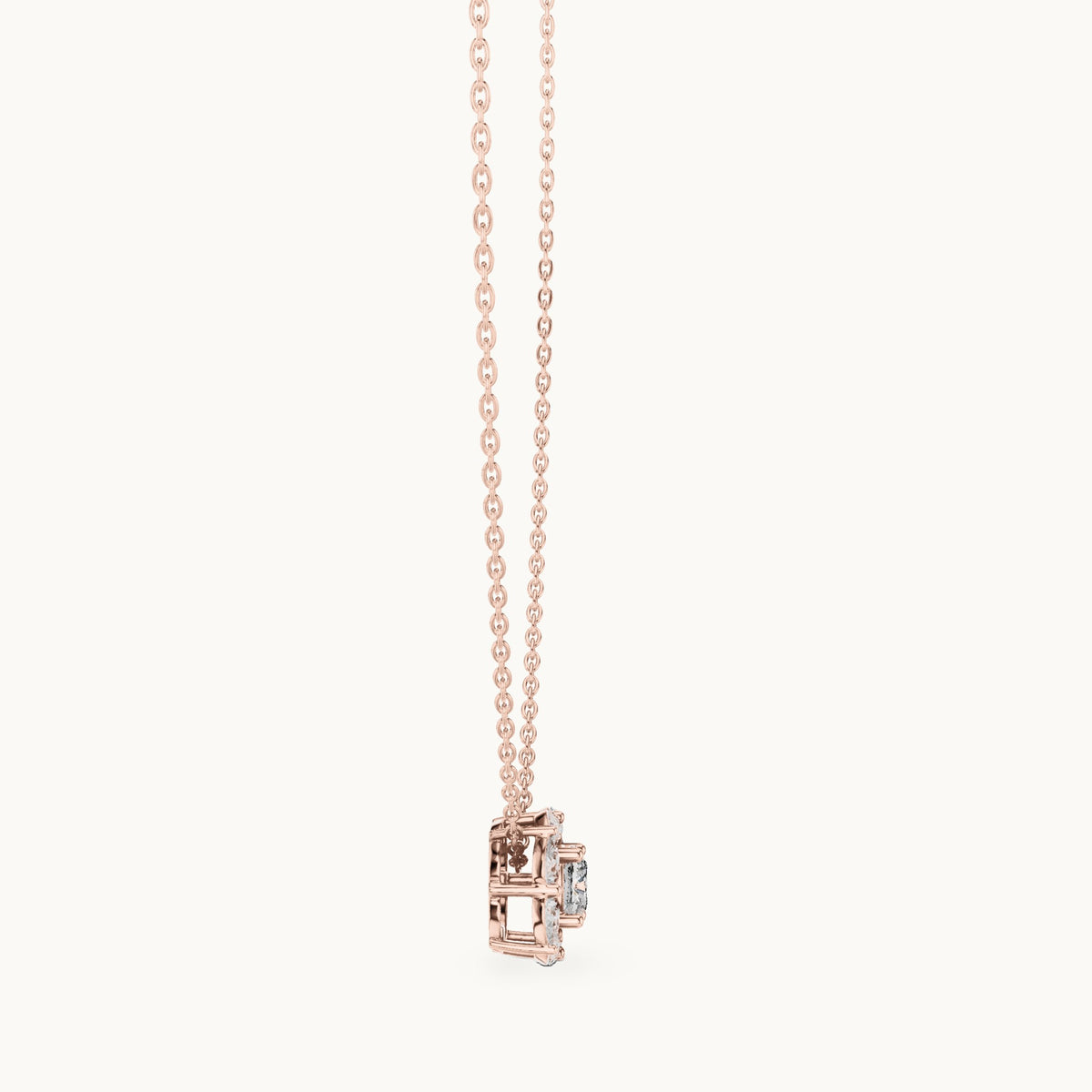Cushion-cut and pear lab-grown diamond petal cluster halo pendant in rose gold, 1.596 CT TW, view 3