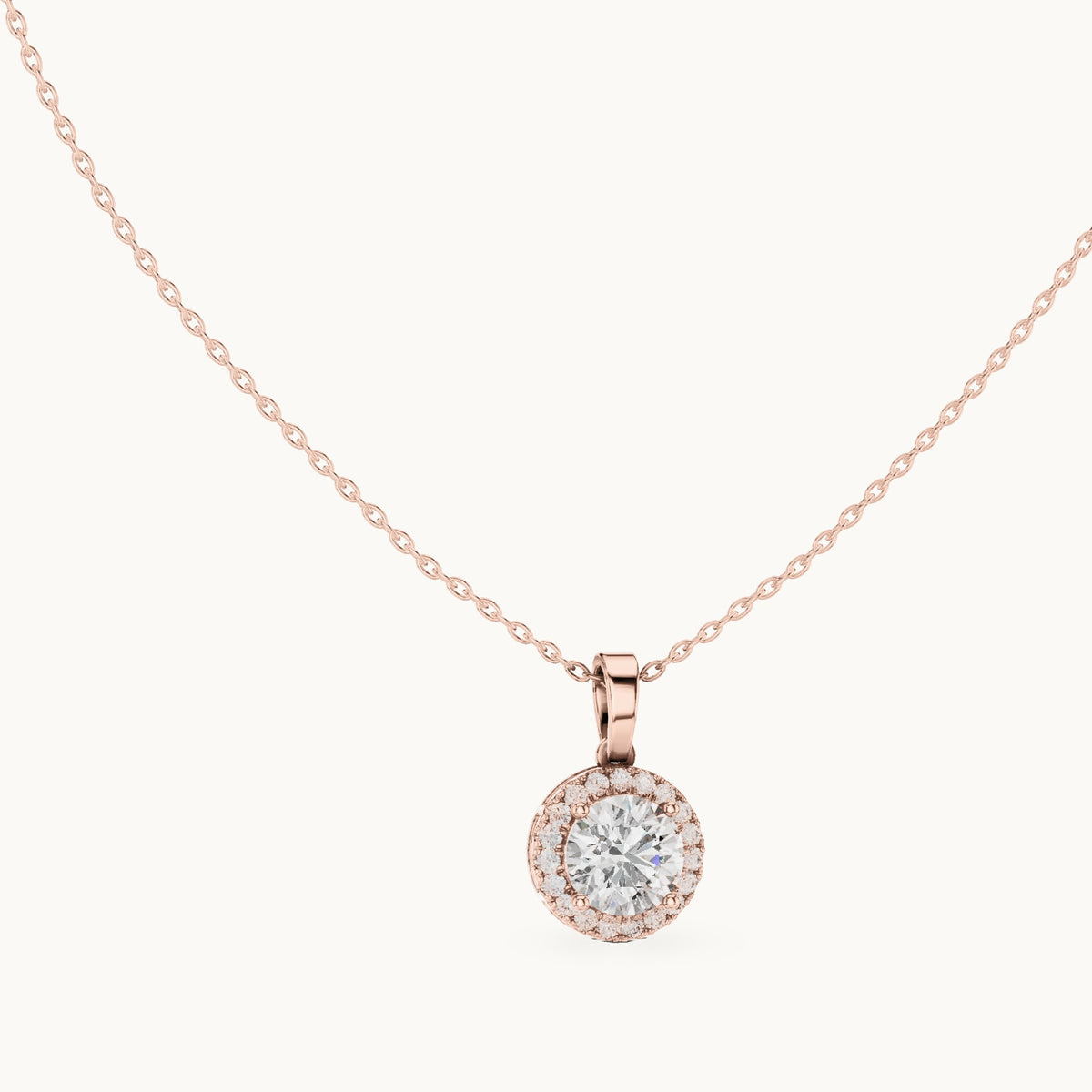 Round lab-grown diamond classic halo drop pendant in rose gold, 2.385 CT TW, view 1