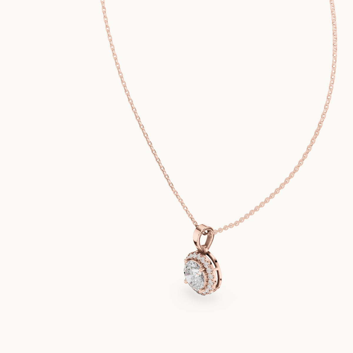 Round lab-grown diamond classic halo drop pendant in rose gold, 2.385 CT TW, view 2