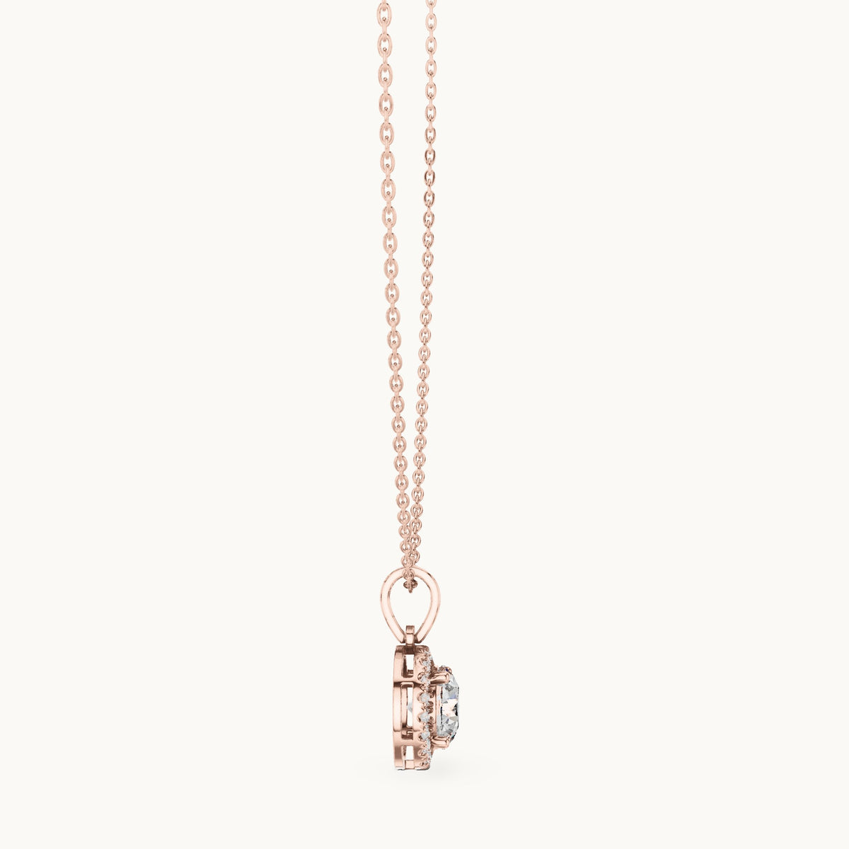 Round lab-grown diamond classic halo drop pendant in rose gold, 2.385 CT TW, view 3