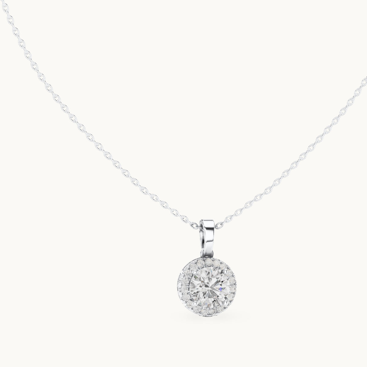 Round lab-grown diamond classic halo drop pendant in white gold, 2.385 CT TW, view 1