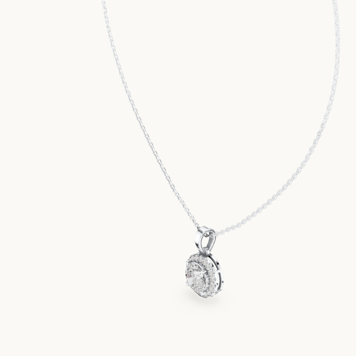 Round lab-grown diamond classic halo drop pendant in white gold, 2.385 CT TW, view 2