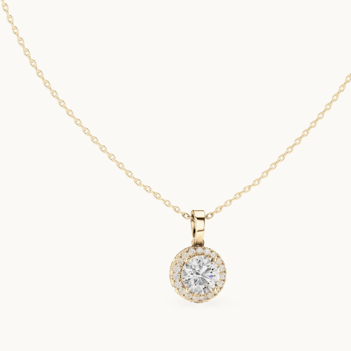 Round lab-grown diamond classic halo drop pendant in yellow gold, 2.385 CT TW, view 1