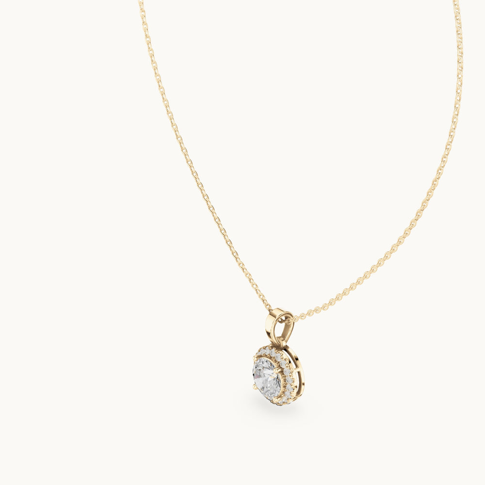 Round lab-grown diamond classic halo drop pendant in yellow gold, 2.385 CT TW, view 2