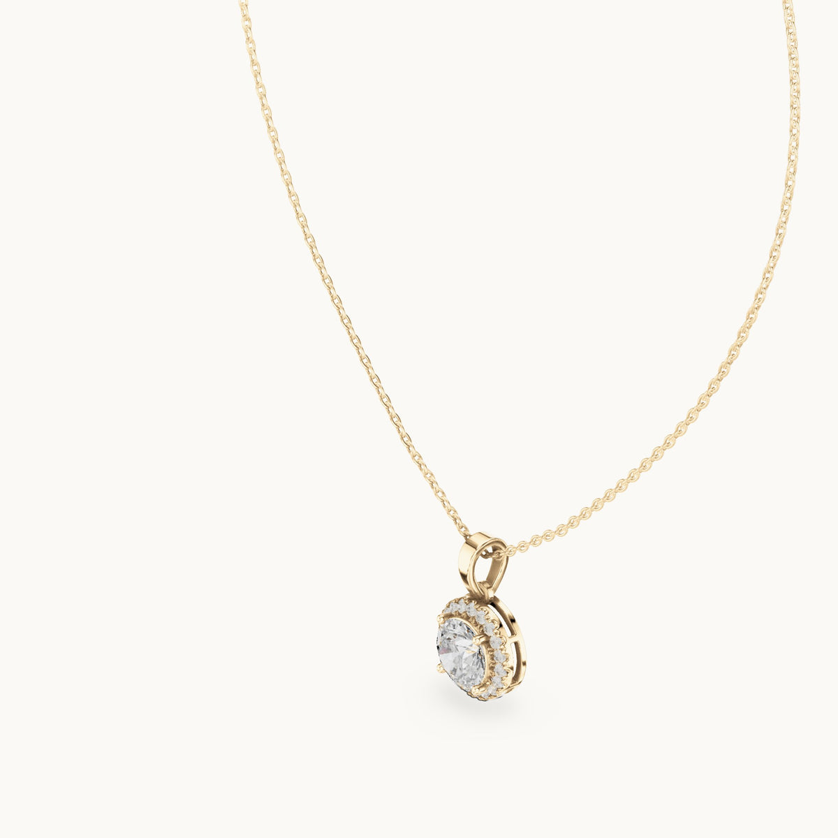 Round lab-grown diamond classic halo drop pendant in yellow gold, 2.385 CT TW, view 2