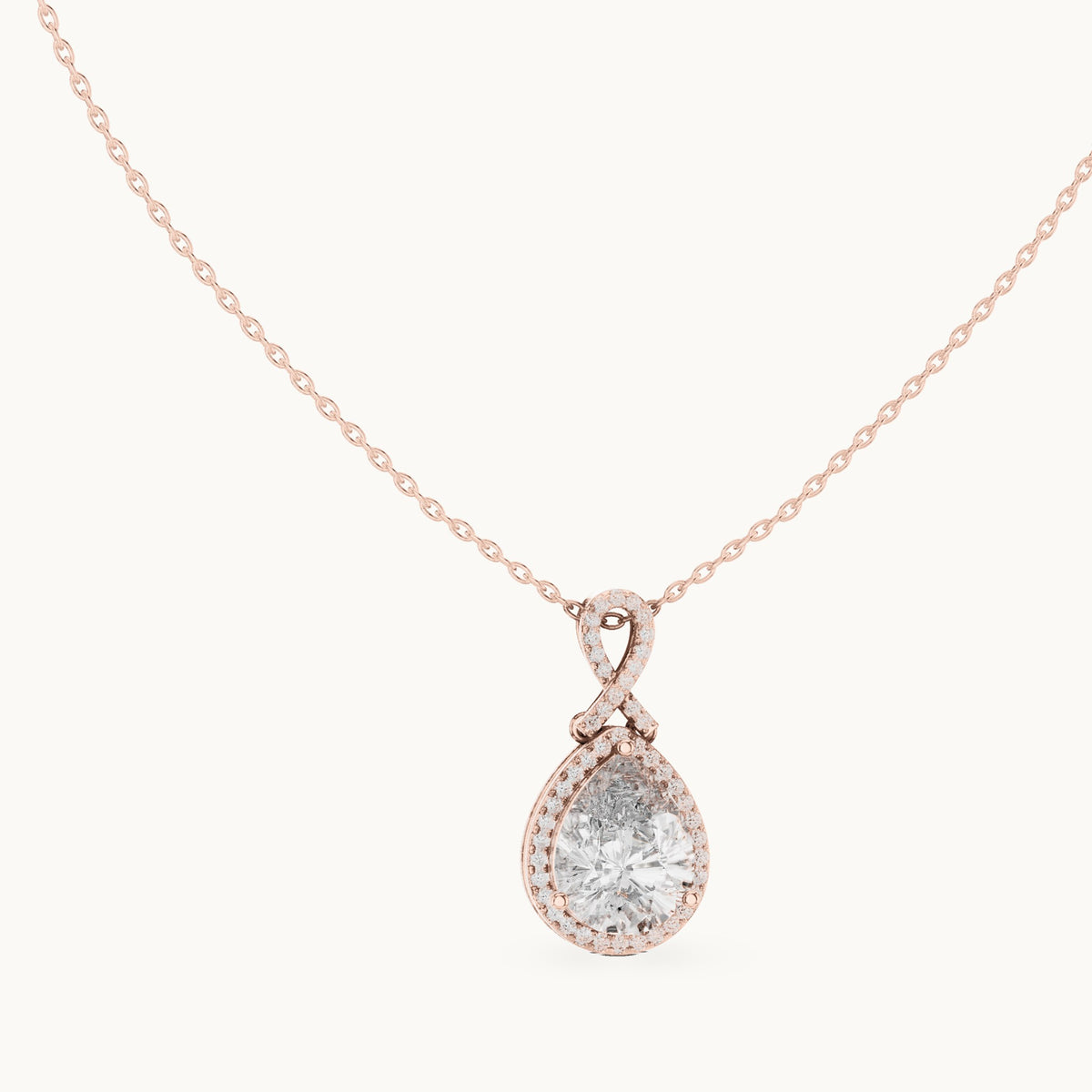 Pear and round lab-grown diamond halo drop pendant in rose gold, 4.184 CT TW, view 1