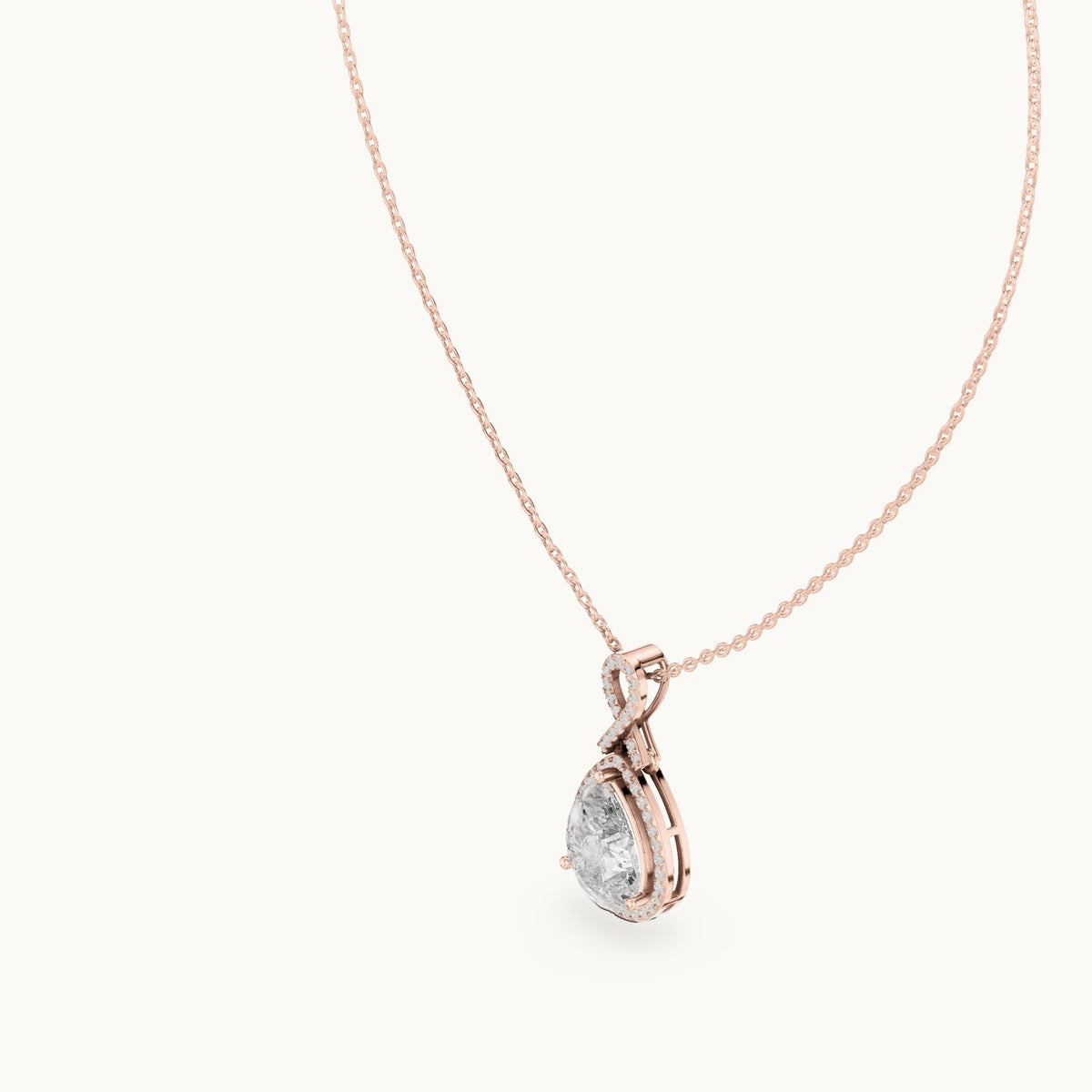 Pear and round lab-grown diamond halo drop pendant in rose gold, 4.184 CT TW, view 2