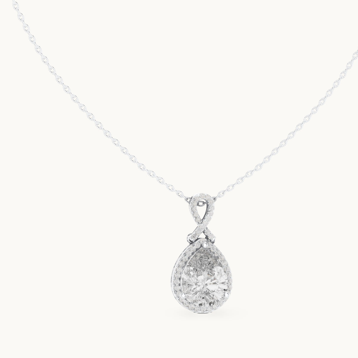 Pear and round lab-grown diamond halo drop pendant in white gold, 4.184 CT TW, view 1