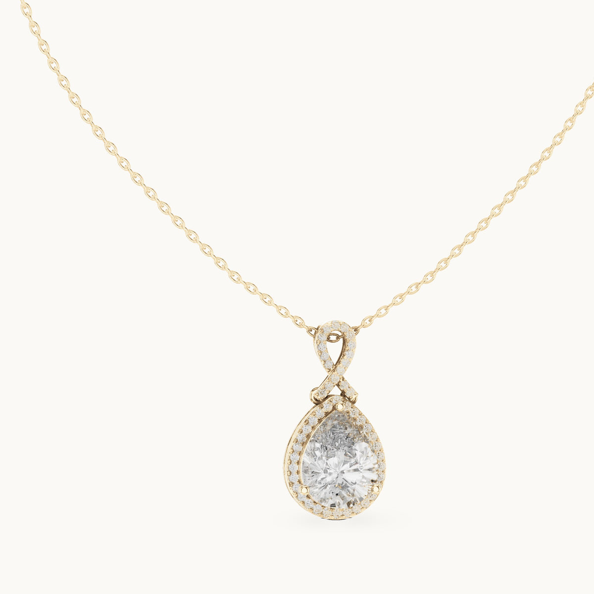 Pear and round lab-grown diamond halo drop pendant in yellow gold, 4.184 CT TW, view 1