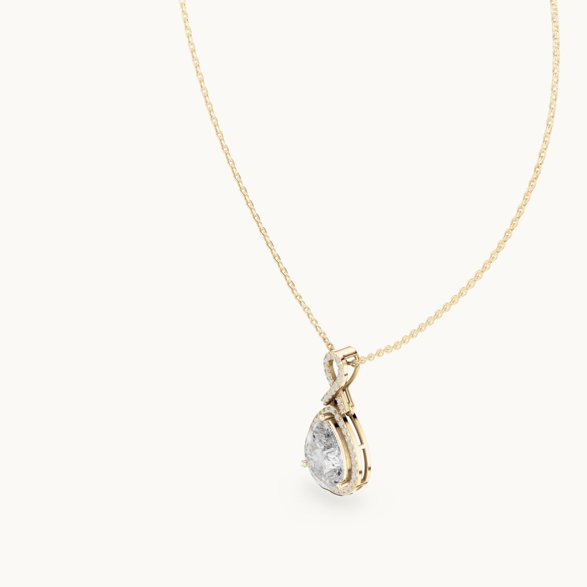 Pear and round lab-grown diamond halo drop pendant in yellow gold, 4.184 CT TW, view 2