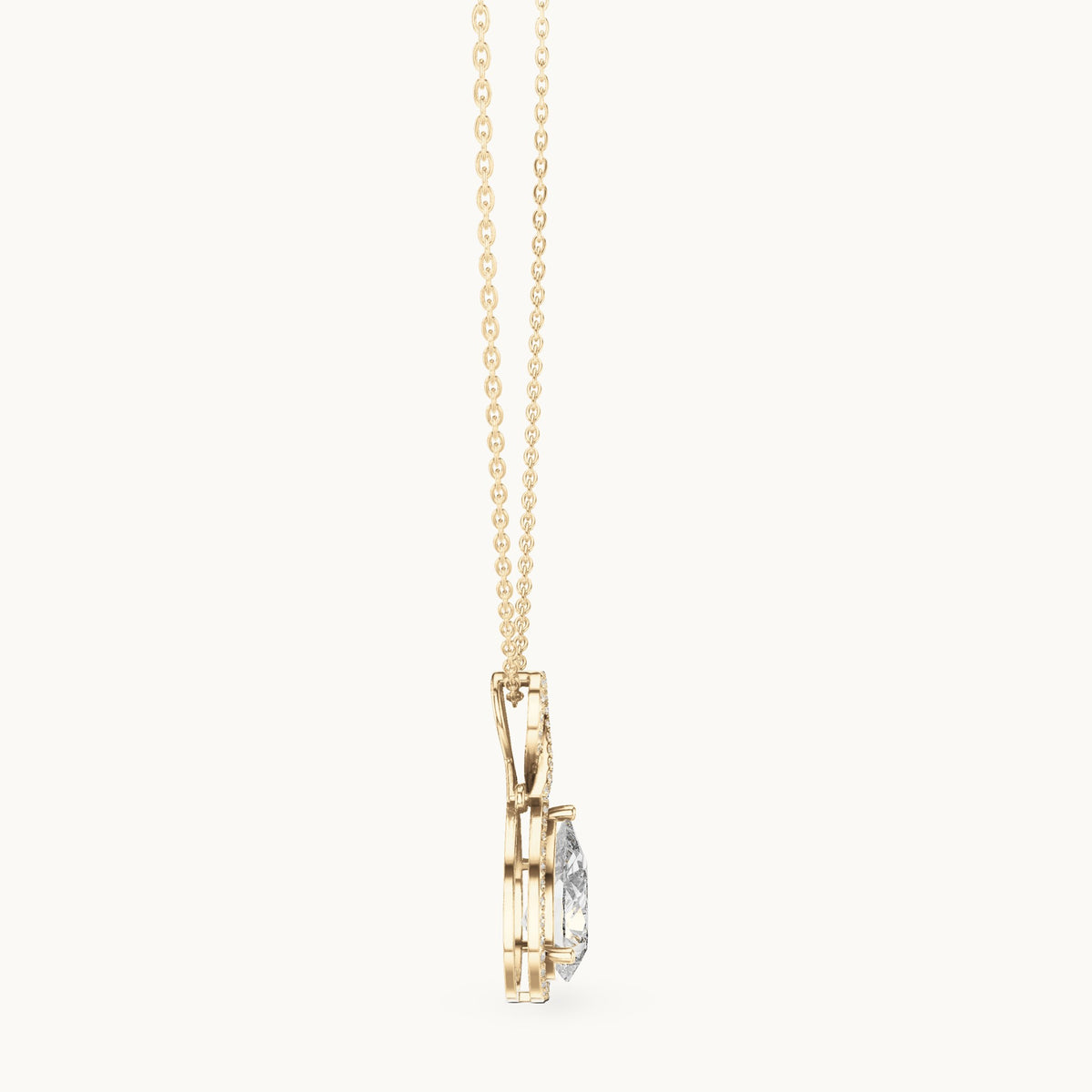 Pear and round lab-grown diamond halo drop pendant in yellow gold, 4.184 CT TW, view 3