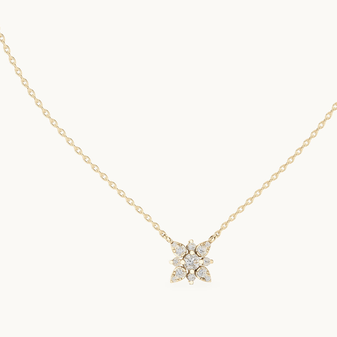 Round lab-grown diamond petal flower cluster pendant in yellow gold, 0.43 CT TW, view 1