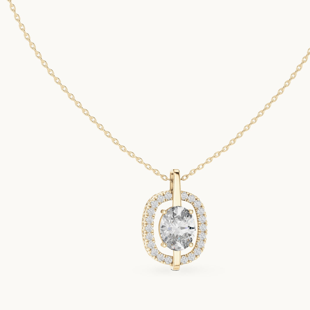 Oval and round lab-grown diamond halo drop pendant in yellow gold, 2.54 CT TW, view 1