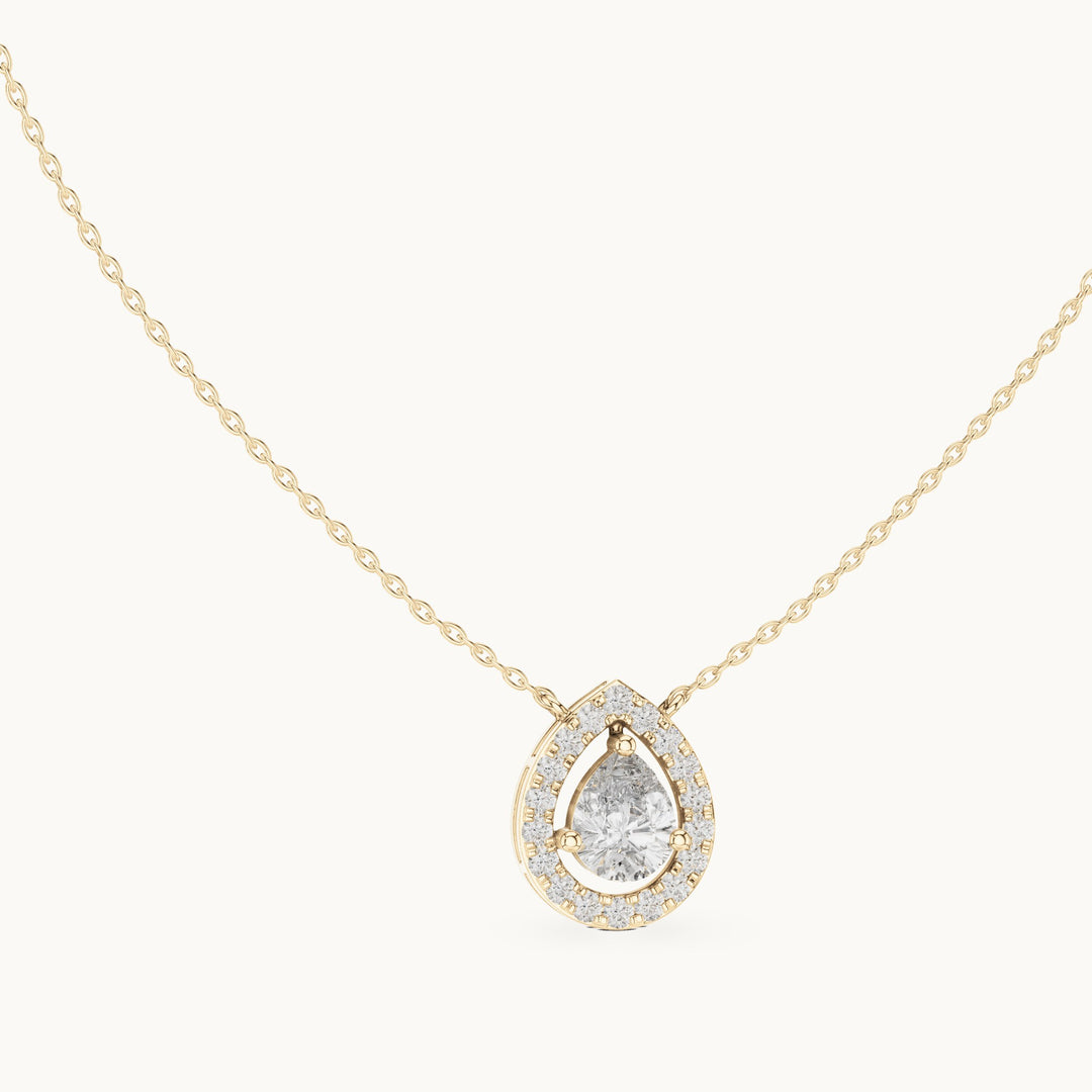 Pear and round lab-grown diamond halo pendant in yellow gold, 1.945 CT TW, view 1
