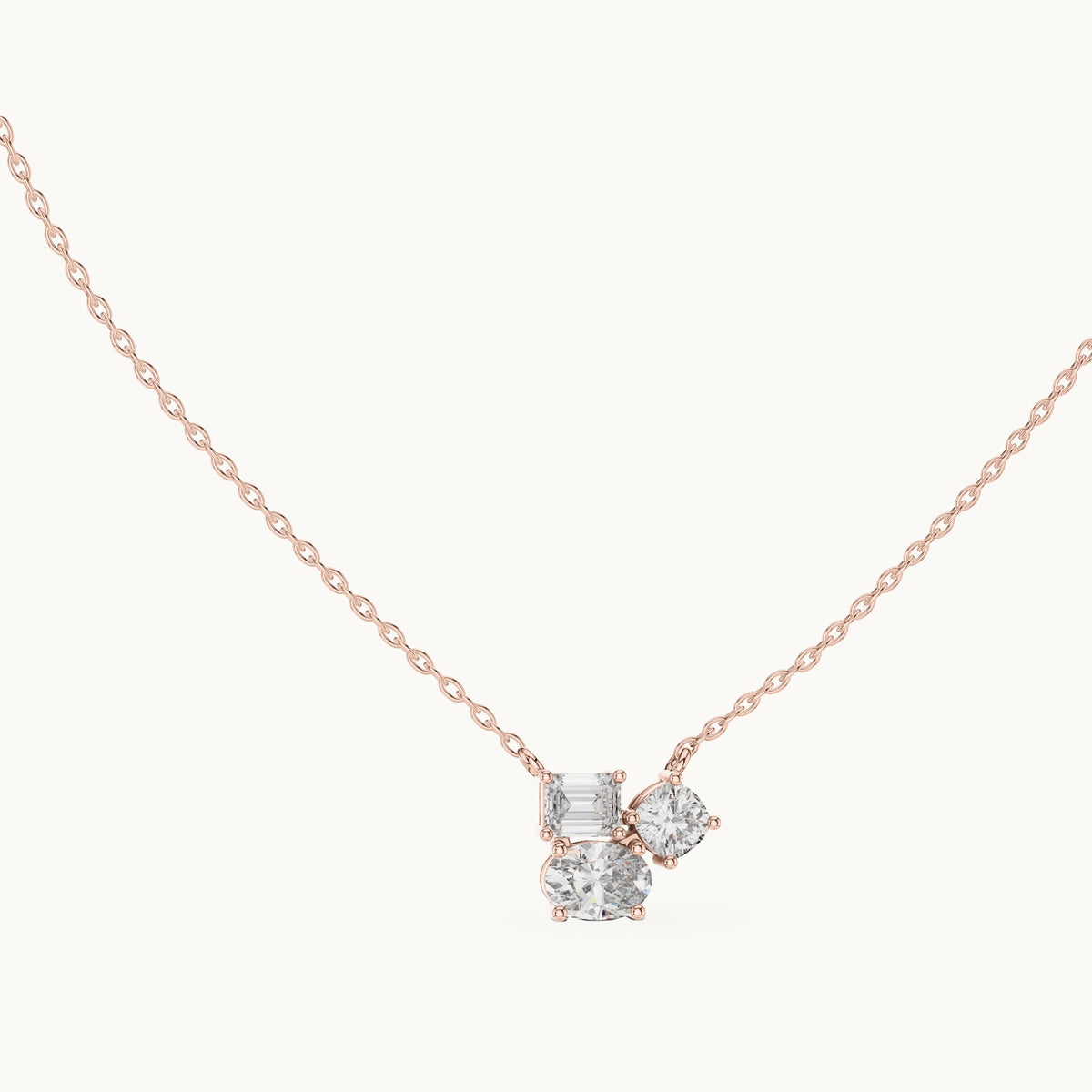 Oval, cushion-cut and emerald-cut lab-grown diamond three-stone cluster pendant in rose gold, 1.48 CT TW, view 1