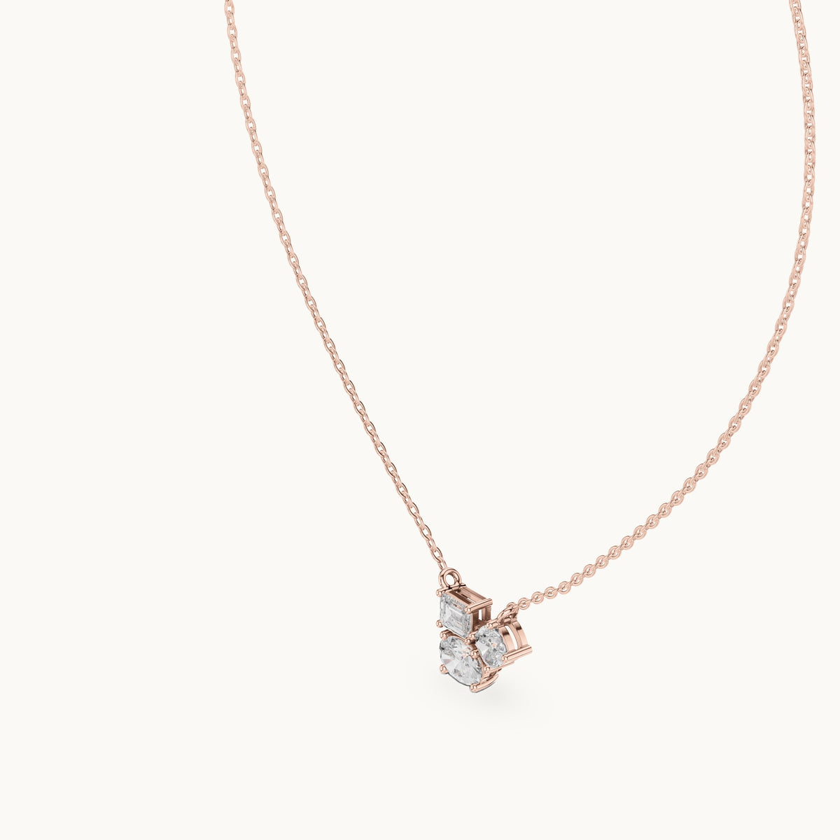 Oval, cushion-cut and emerald-cut lab-grown diamond three-stone cluster pendant in rose gold, 1.48 CT TW, view 2