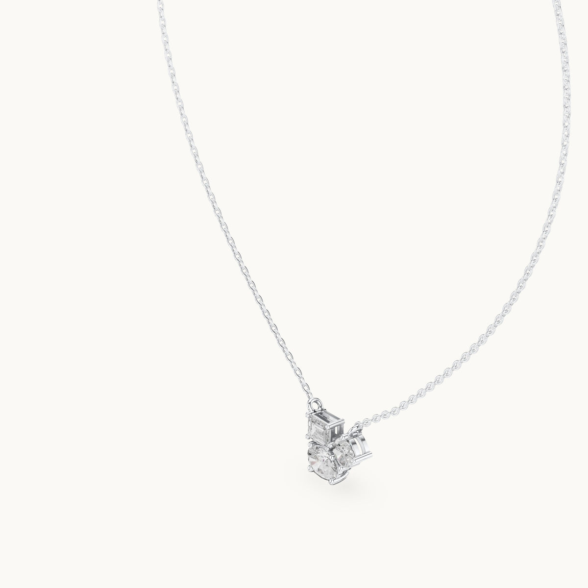 Oval, cushion-cut and emerald-cut lab-grown diamond three-stone cluster pendant in white gold, 1.48 CT TW, view 2