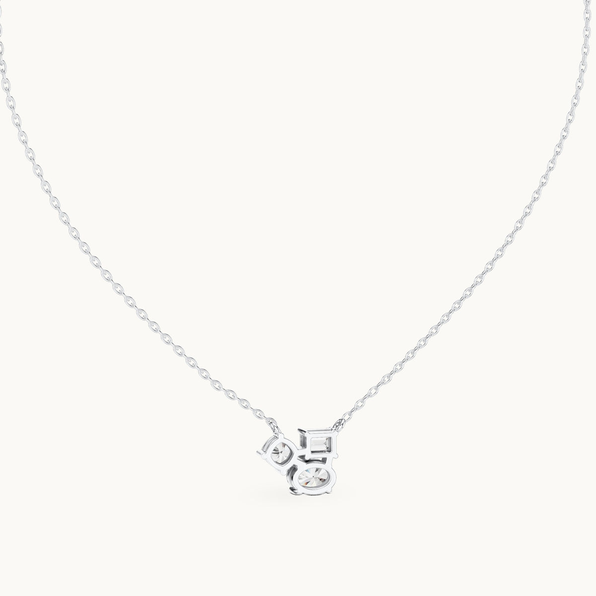 Oval, cushion-cut and emerald-cut lab-grown diamond three-stone cluster pendant in white gold, 1.48 CT TW, view 4