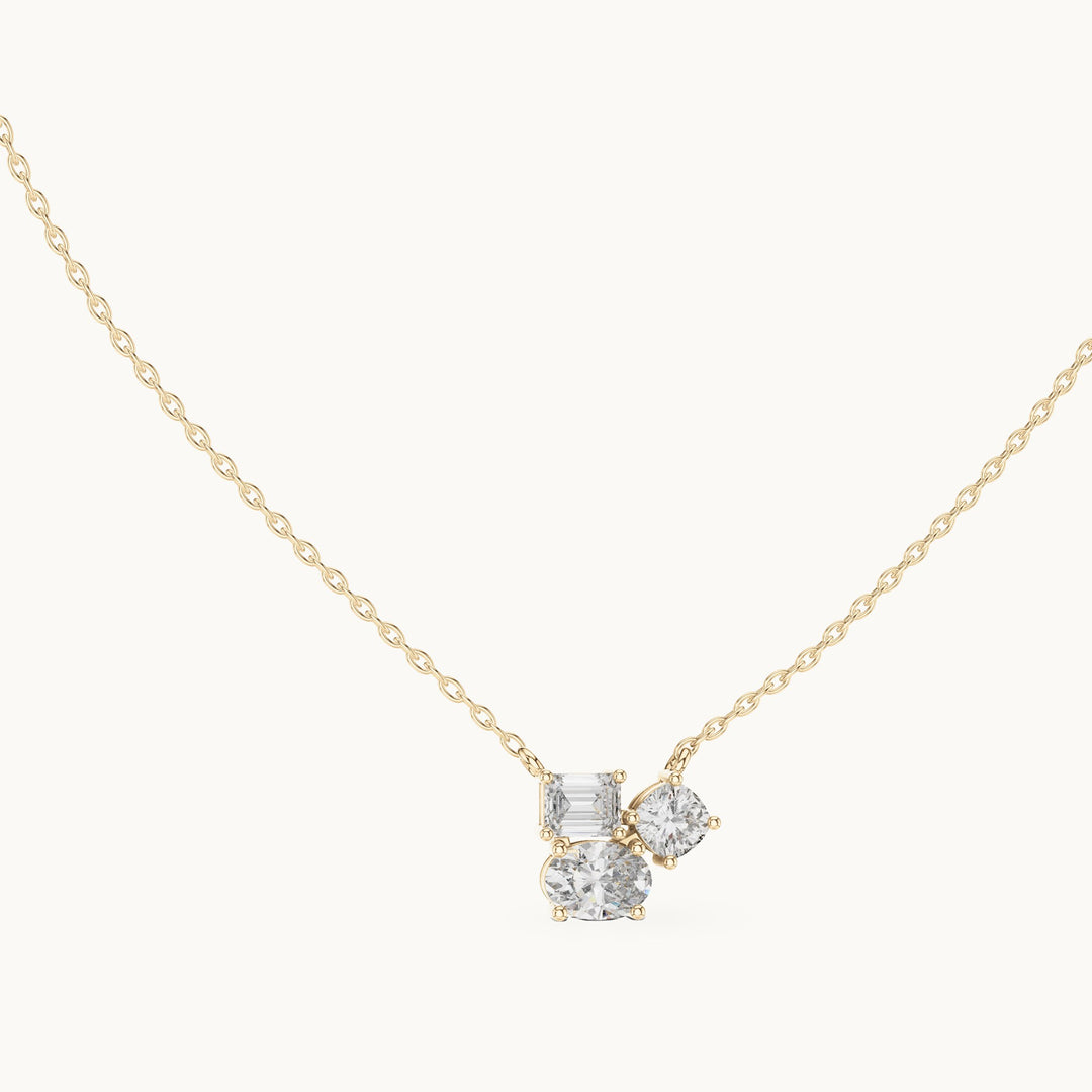 Oval, cushion-cut and emerald-cut lab-grown diamond three-stone cluster pendant in yellow gold, 1.48 CT TW, view 1