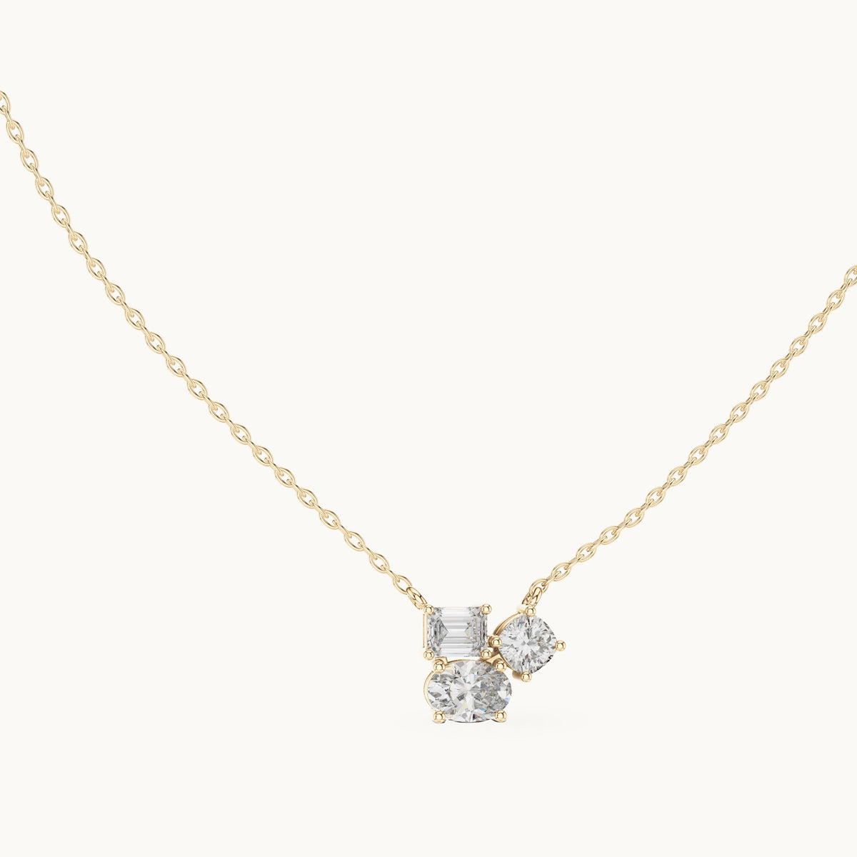 Oval, cushion-cut and emerald-cut lab-grown diamond three-stone cluster pendant in yellow gold, 1.48 CT TW, view 1