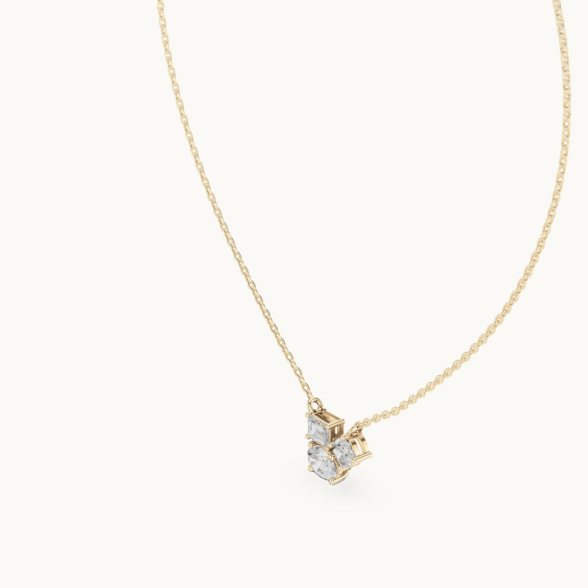 Oval, cushion-cut and emerald-cut lab-grown diamond three-stone cluster pendant in yellow gold, 1.48 CT TW, view 2