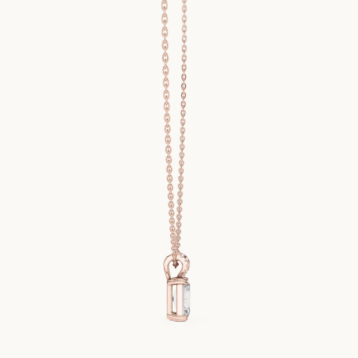 Radiant-cut and round lab-grown diamond solitaire pendant with pave bail in rose gold, 2.137 CT TW, view 3