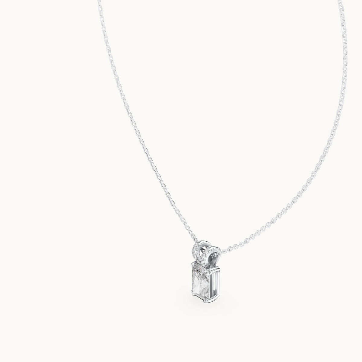 Radiant-cut and round lab-grown diamond solitaire pendant with pave bail in white gold, 2.137 CT TW, view 2