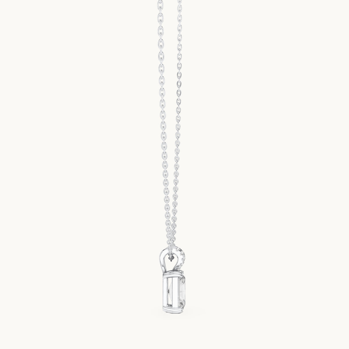 Radiant-cut and round lab-grown diamond solitaire pendant with pave bail in white gold, 2.137 CT TW, view 3
