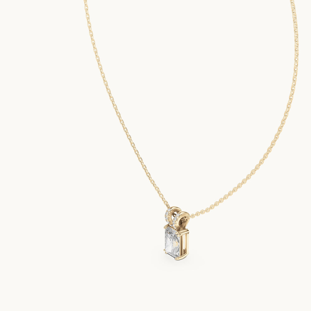 Radiant-cut and round lab-grown diamond solitaire pendant with pave bail in yellow gold, 2.137 CT TW, view 2