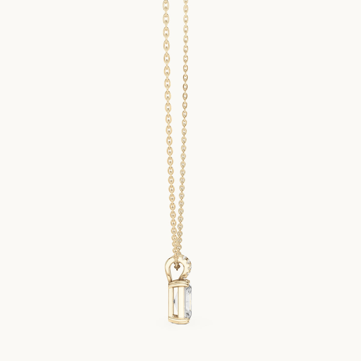 Radiant-cut and round lab-grown diamond solitaire pendant with pave bail in yellow gold, 2.137 CT TW, view 3