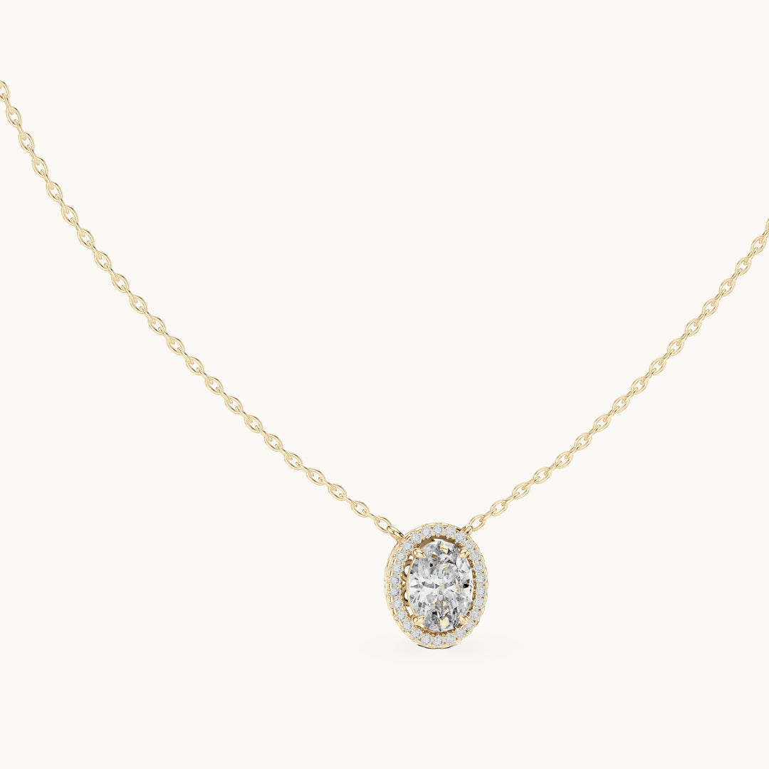 Oval and round lab-grown diamond halo pendant in yellow gold, 1.363 CT TW, view 1