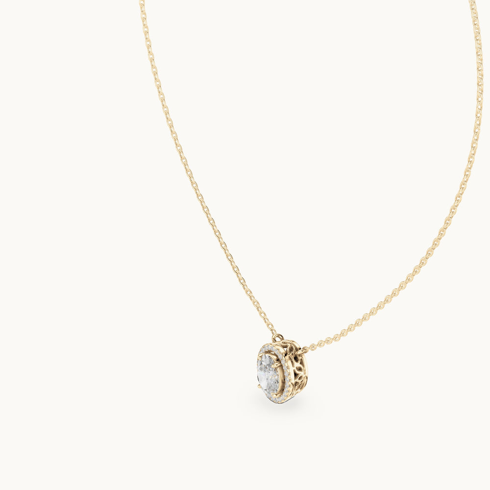 Oval and round lab-grown diamond halo pendant in yellow gold, 1.363 CT TW, view 2