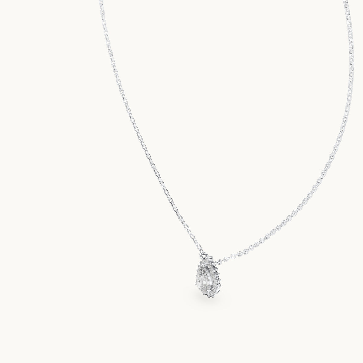 Pear lab-grown diamond starburst halo pendant in white gold, 0.84 CT TW, view 2