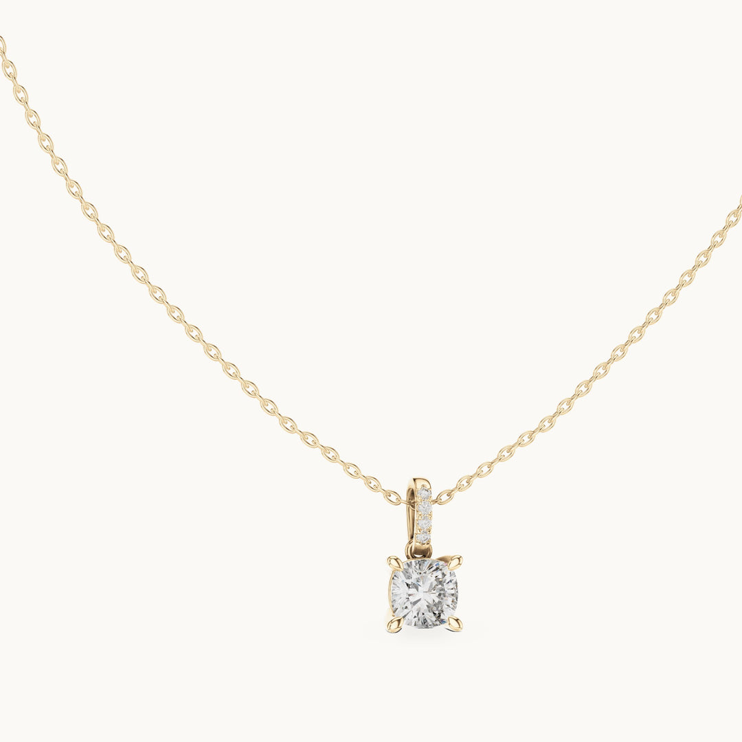 Cushion-cut and round lab-grown diamond solitaire pendant with pave bail in yellow gold, 1.576 CT TW, view 1