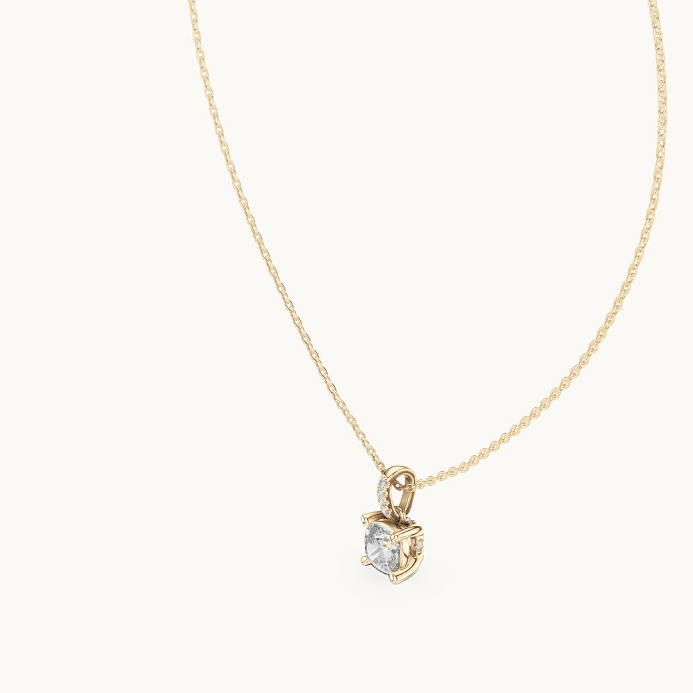 Cushion-cut and round lab-grown diamond solitaire pendant with pave bail in yellow gold, 1.576 CT TW, view 2