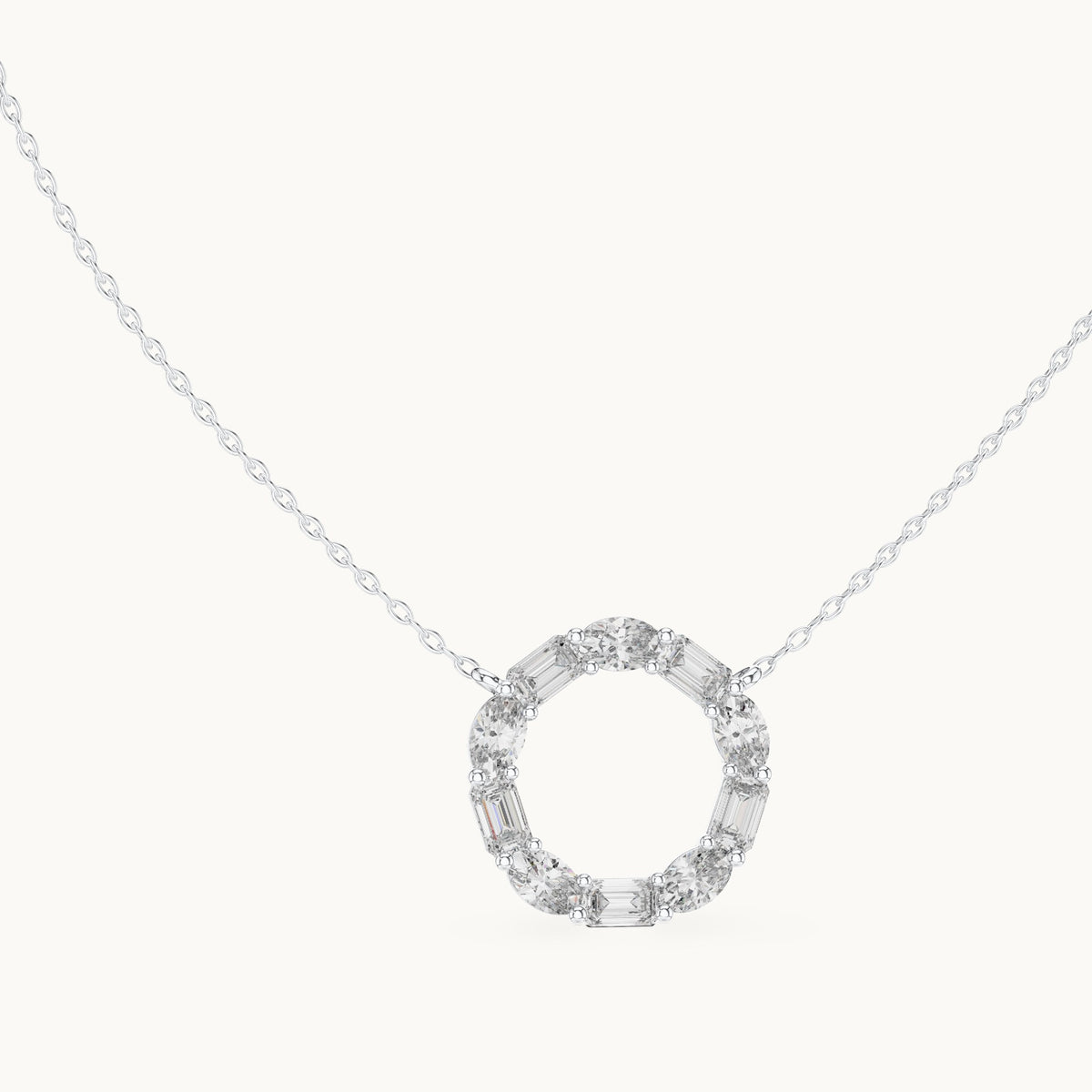 Emerald-cut and oval lab-grown diamond alternating open circle pendant in white gold, 3.00 CT TW, view 1