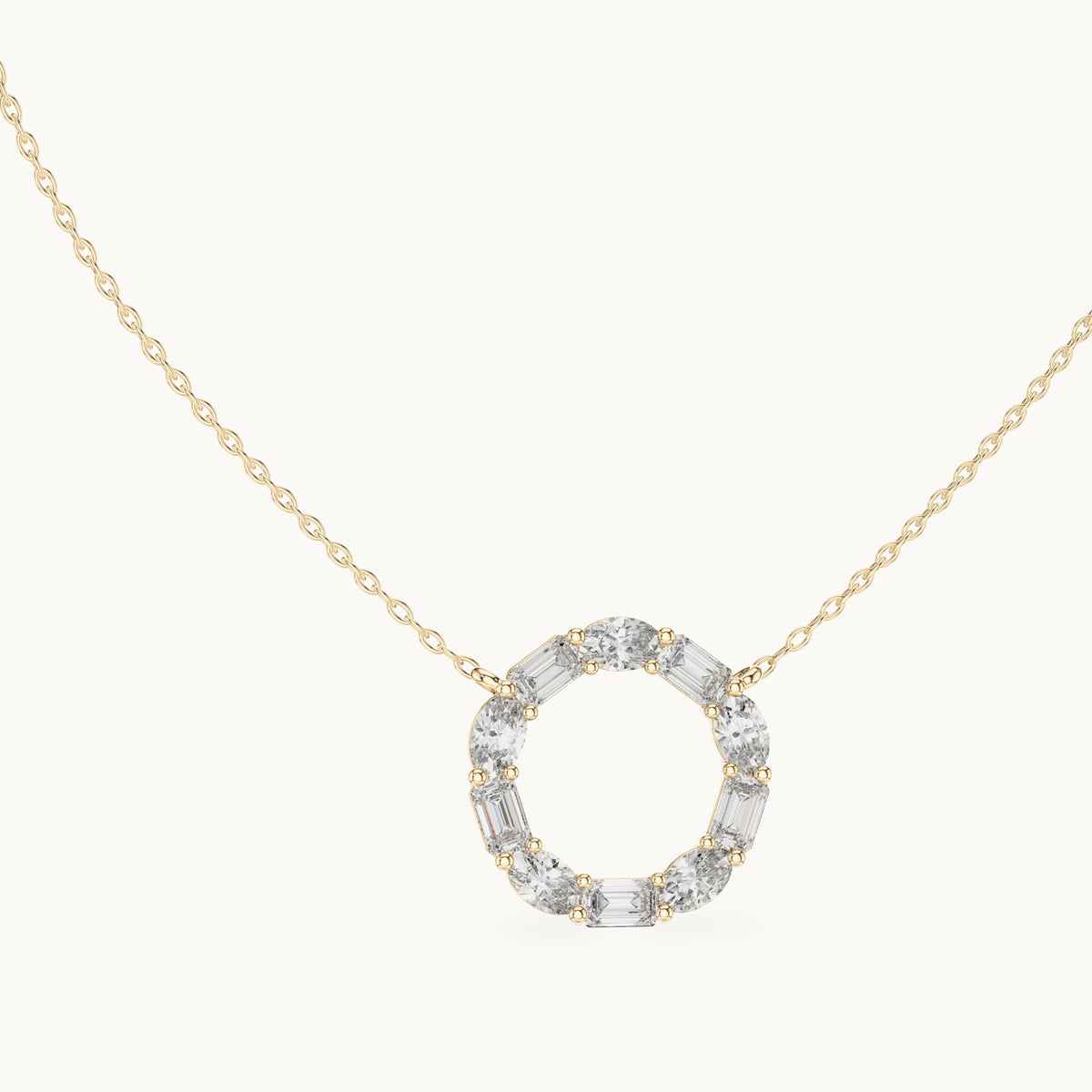 Emerald-cut and oval lab-grown diamond alternating open circle pendant in yellow gold, 3.00 CT TW, view 1