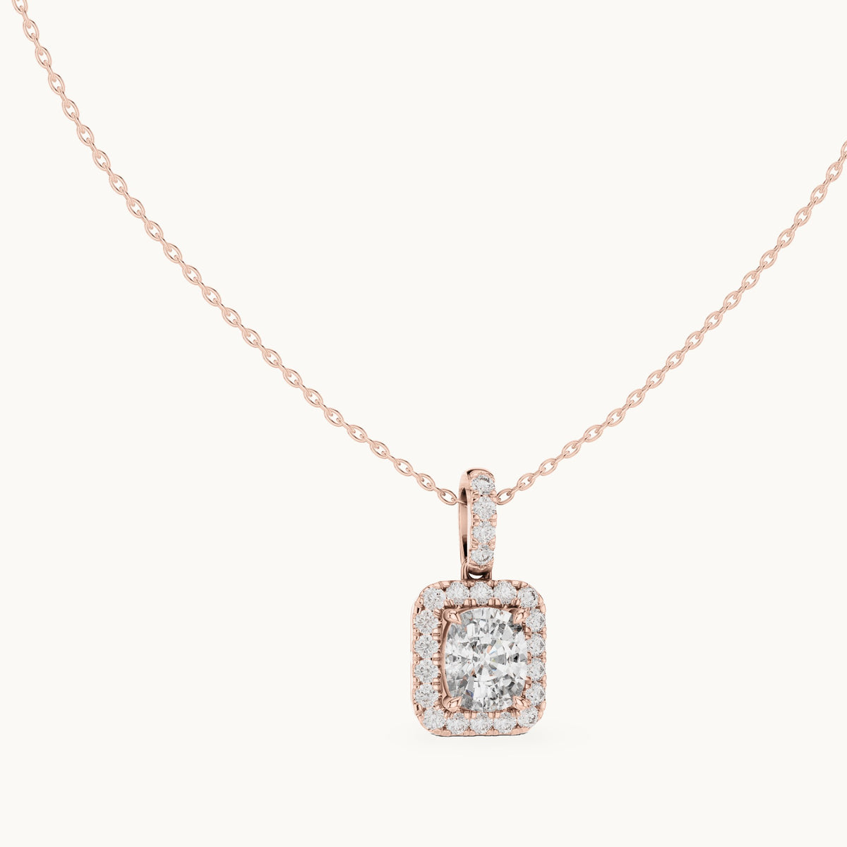 Cushion-cut and round lab-grown diamond halo drop pendant in rose gold, 3.77 CT TW, view 1