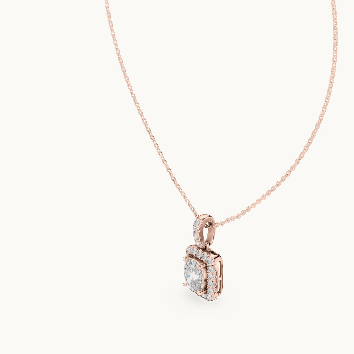 Cushion-cut and round lab-grown diamond halo drop pendant in rose gold, 3.77 CT TW, view 2