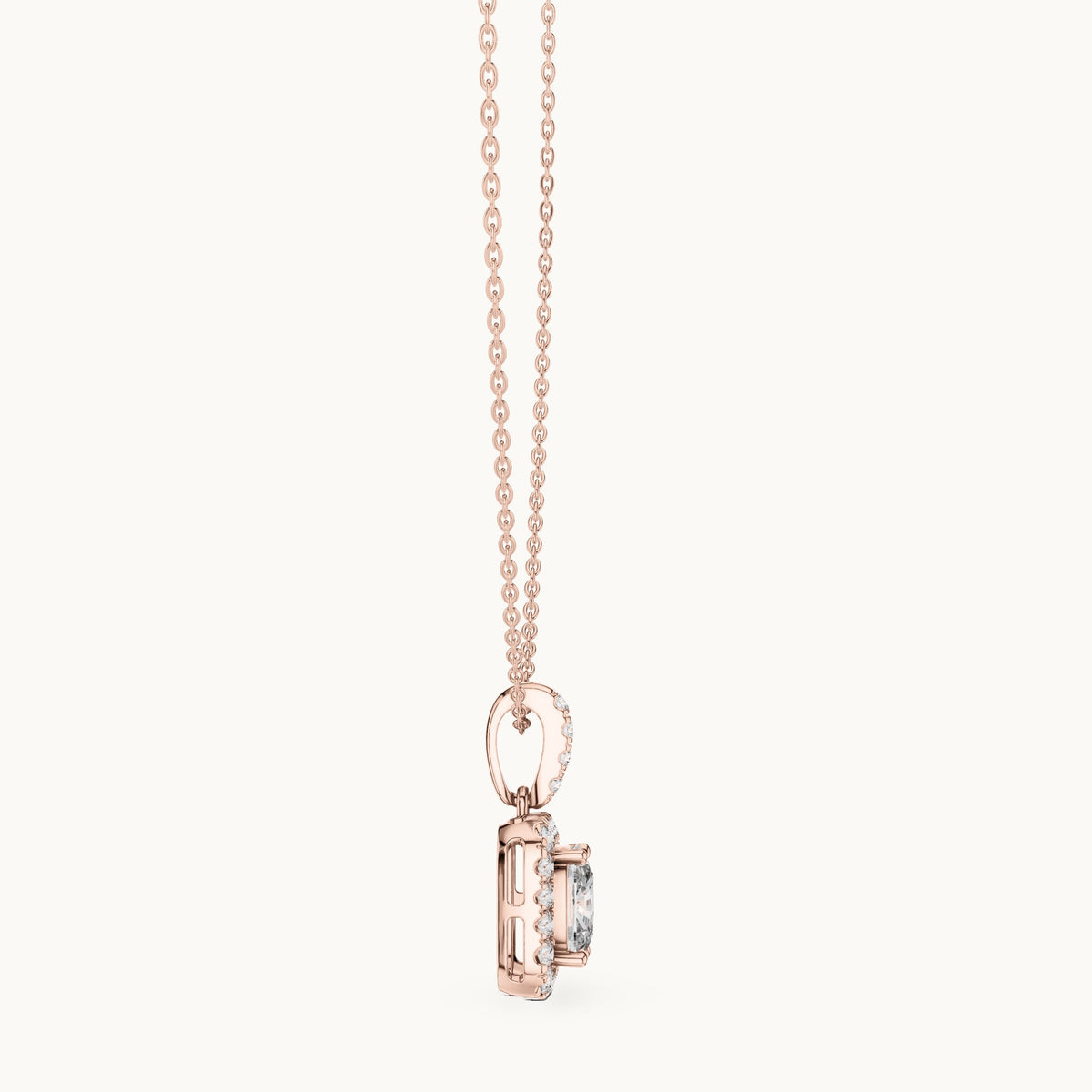 Cushion-cut and round lab-grown diamond halo drop pendant in rose gold, 3.77 CT TW, view 3