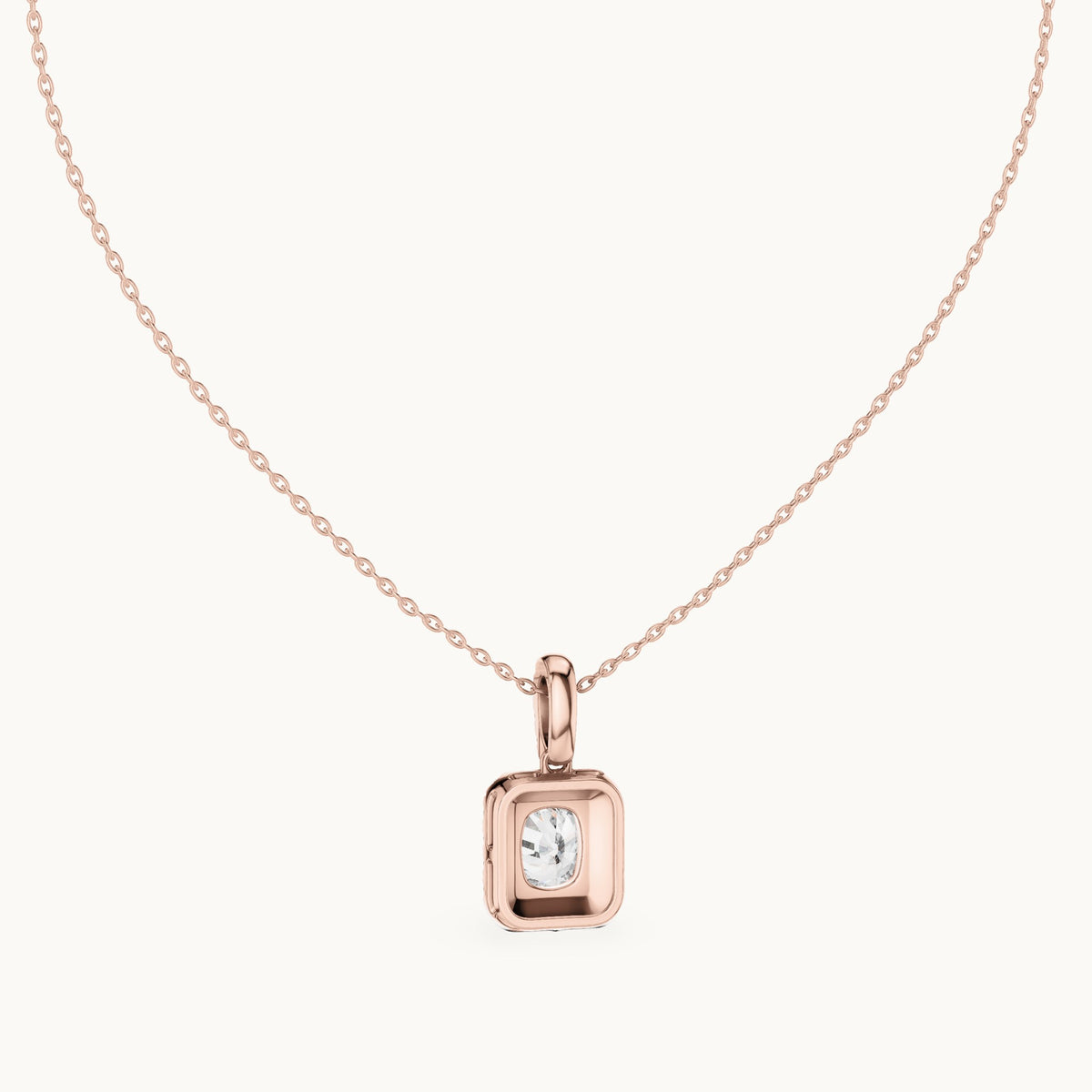 Cushion-cut and round lab-grown diamond halo drop pendant in rose gold, 3.77 CT TW, view 4
