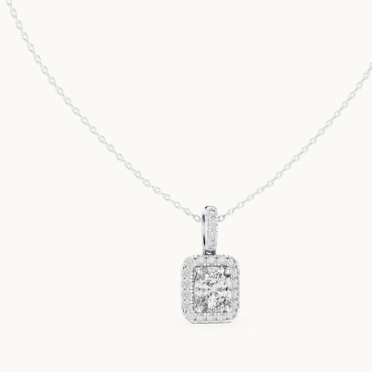 Cushion-cut and round lab-grown diamond halo drop pendant in white gold, 3.77 CT TW, view 1
