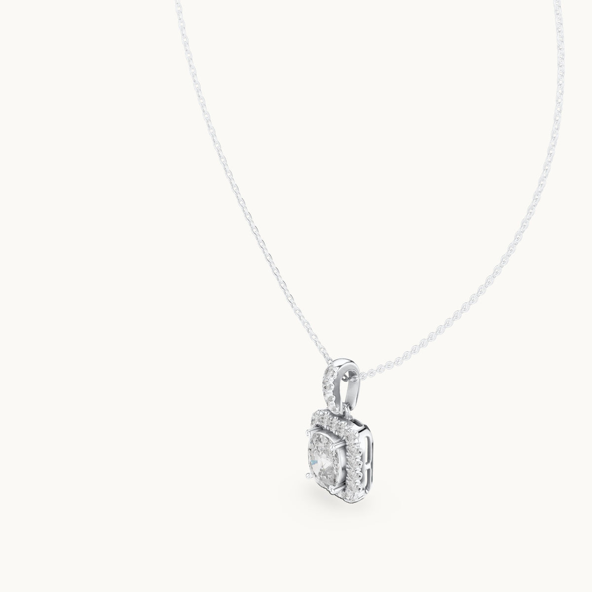 Cushion-cut and round lab-grown diamond halo drop pendant in white gold, 3.77 CT TW, view 2