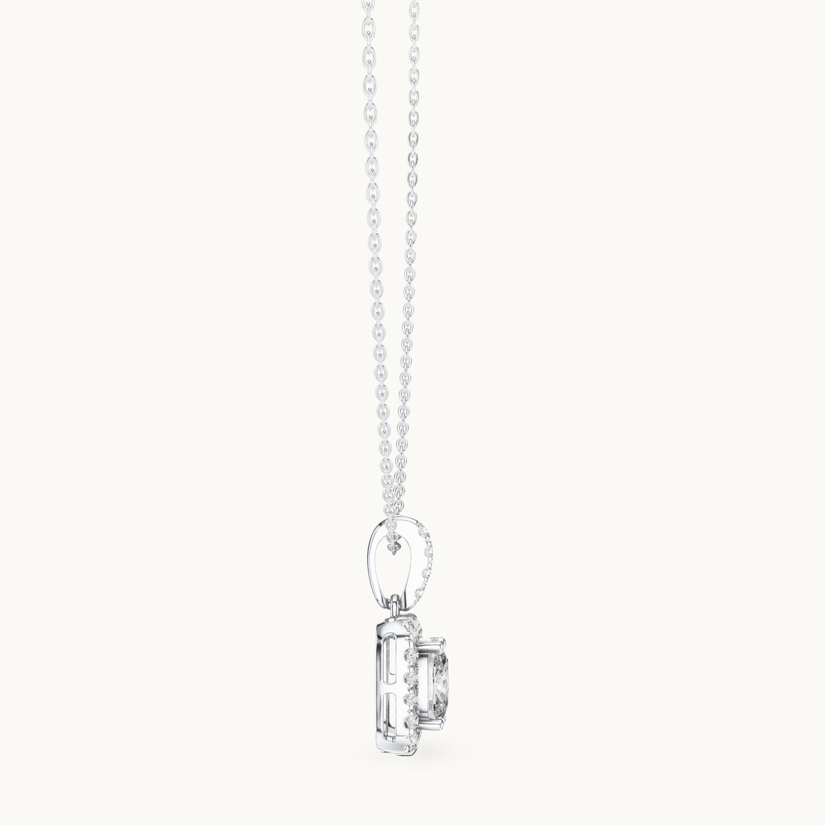 Cushion-cut and round lab-grown diamond halo drop pendant in white gold, 3.77 CT TW, view 3